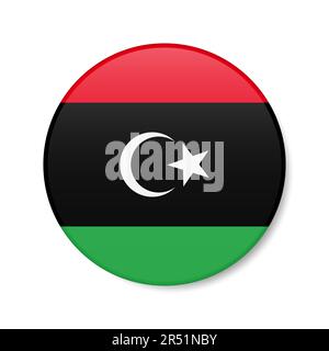 Libya circle button icon. Libyan round badge flag with shadow. 3D realistic vector illustration isolated on white. Stock Vector