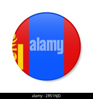 Mongolia circle button icon. Mongolian round badge flag with shadow. 3D realistic vector illustration isolated on white. Stock Vector
