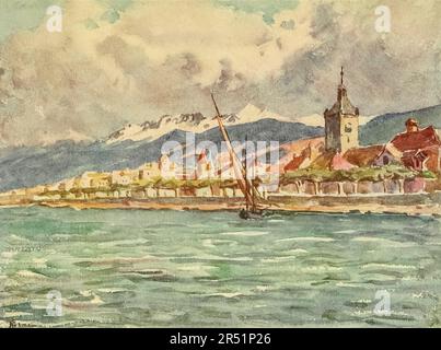 Evian les Bains, Hte. Savoie watercolour painting by J. Hardwicke Lewis and May Hardwicke Lewis from the book ' Geneva ' by Francis Henry Gribble Publication date 1908 in London : by Adam and Charles Black Stock Photo