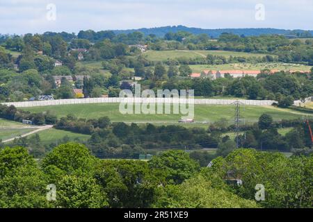 Pilton, Somerset, UK.  31st May 2023.  UK Weather.  General view of the Glastonbury Festival site at Worthy Farm at Pilton in Somerset on a hot sunny afternoon, which is being readied for this years music festival which is being held from 21st to 25th June 2023.  The security fencing which surrounds the site has been constructed.  Picture Credit: Graham Hunt/Alamy Live News Stock Photo