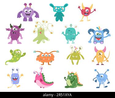 A set of cute cartoon monsters, an alien. Vector illustration on a white background. Stock Vector