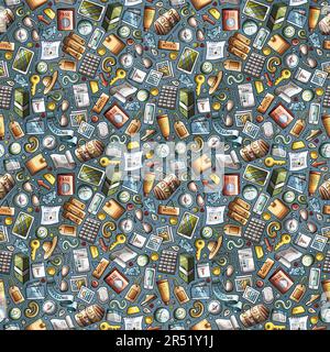 Cartoon cute traveling seamless pattern. Colorful detailed, with lots of objects background. Endless funny vector illustration. Bright colors travel p Stock Vector