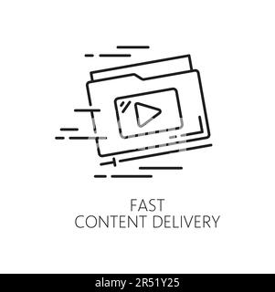 Fast content delivery. CDN. Content delivery network icon, media file upload and update web service, CDN linear vector icon or pictogram with fast mov Stock Vector