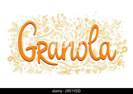 Granola oatmeal food label, cereal muesli food or oat breakfast package vector emblem. Granola label with doodle line wheat, nuts and leaves on backgr Stock Vector