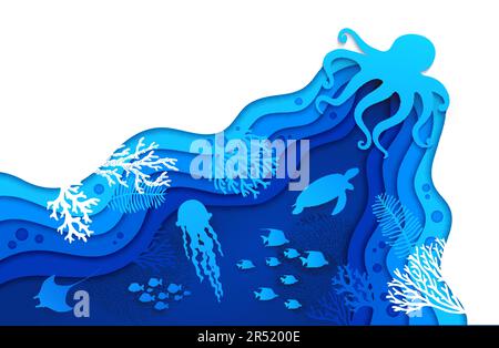 Paper cut underwater landscape with corals and reefs, seaweeds and sea ...