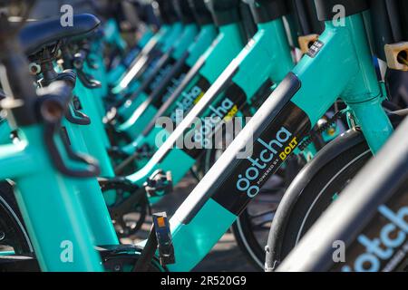 St. Augustine, Florida - December 28, 2022: Gotcha powered by Bolt bicycle rentals for use in the historic district of St. Augustine for tourists Stock Photo