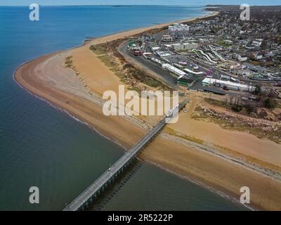 Keansburg Pier NJ Aerial - Aerial view of the almost 2000 feet long pier along with the Keansburg Amusement Park.  This image is also available in col Stock Photo