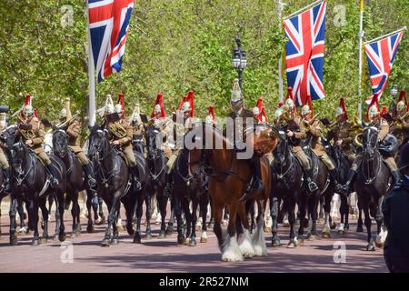 London, UK. 30th May 2023. Members of the Household Cavalry rehearse on The Mall ahead of Trooping The Colour, the celebration of the birthday of King Charles III, which takes place on 17th June. Stock Photo