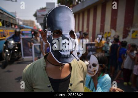 An attendee wears a skeleton mask, to spread awareness against the harmful effects of tobacco use on World No Tobacco Day in the Sobhabazar area. (Photo by Dipayan Bose / SOPA Images/Sipa USA) Stock Photo