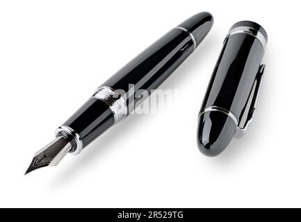 Retro style fountain pen, black with silver trim, isolated on white background Stock Photo