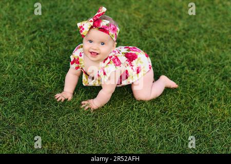 Outdoor portrait of adorable 6 months old baby girl playing in summer park, child crawling on fresh green lawn Stock Photo