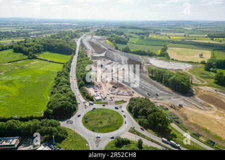 Sparkford, Somerset, UK.  31st May 2023.  General view from the air of the £140M National Highways scheme to dual the A303 between Podimore and Sparkford roundabouts.  The construction of the new dual carriageway is forecast to be finished by spring 2024.  Picture Credit: Graham Hunt/Alamy Live News Stock Photo