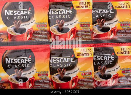 Moscow, Russia, May 31, 2023: Full frame of original Nescafe classic coffee bags. Top view. Stock Photo
