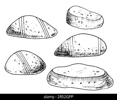 Vector Sea Stones set. Hand drawn illustration with Pebbles on isolated white background in outline style. Drawing of striped smooth oceanic rocks. Sketch of underwater minerals painted by black inks. Stock Vector