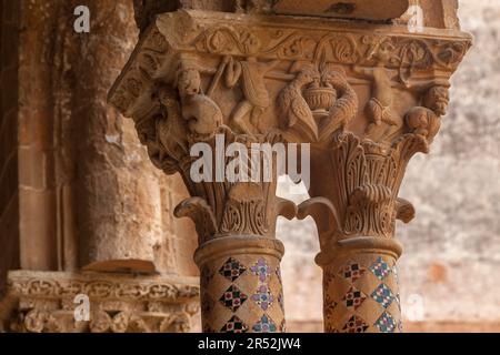 Ornate medieval capitals of the cloister, Monreale Cathedral Stock Photo
