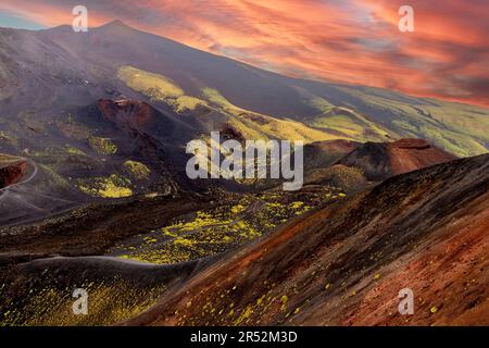 Colorful Volcanic Landscape of Mount Etna (south side), Sicily, Italy. Stock Photo