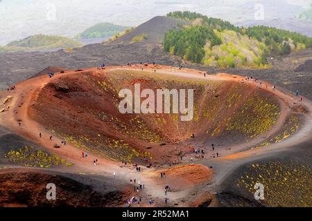 Elevated view of Silvestri crater. Colorful Volcanic Landscape of Mount Etna (south side), Sicily, Italy. Stock Photo