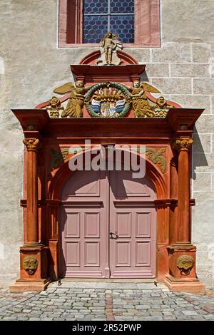 Church of St. Michael, portal, coat of arms, Ostheim, district of Rhoen-Grabfeld, Lower Franconia, Bavaria, Rhoen-Grabfeld, Germany Stock Photo