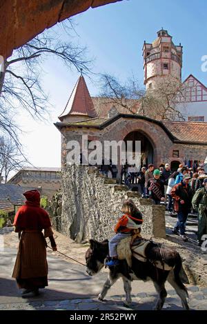 Knight's castle Ronneburg, little girl on donkey led by woman in medieval dress, medieval Easter market, Ronneburg, Hesse, Germany Stock Photo