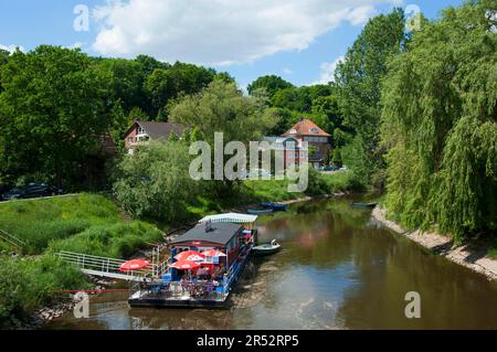 Houseboat on the Jeetzel, Hitzacker, Lower Saxony, Germany Stock Photo