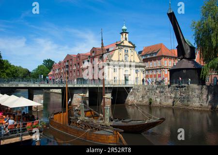 Old harbour with salt ewer, historic salt ships, crane, Ilmenau, Hotel Altes Kaufhaus and Prahm, Lueneburg, Lower Saxony, Germany Stock Photo
