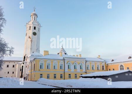 Evfimievskaya bell tower on a winter day, street view of Veliky Novgorod, Russia. It was built in 1463 Stock Photo