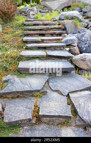 The path in the park going up through the thickets of moss and lined with old sandstone. natural materials. Vertical image. Selective focus. Stock Photo