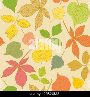 Colorful seamless pattern with different hand-drawn leaves Stock Vector