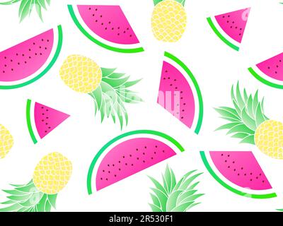 Seamless pattern with pineapples and watermelon on a white background. Summer berry-fruit mix with watermelon slices and pineapples, gradient colors. Stock Vector