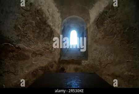 Light falls through plaster windows, Romanesque west crypt in Augsburg Cathedral, Bavaria, Germany Stock Photo