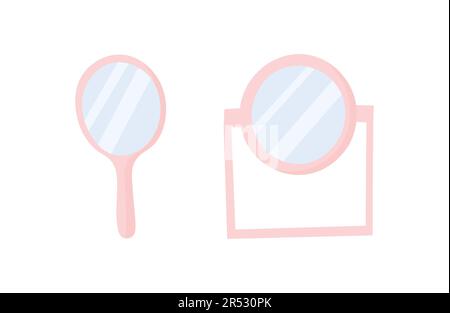Pink girly cartoon mirrors set in doodle style. Toilet woman table interior items illustration. Stock Vector