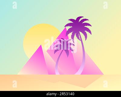 Pyramids with palm trees and sun, colorful gradient. Landscape with ancient Egyptian pyramids in modern style. Summer time. Design for banners, poster Stock Vector