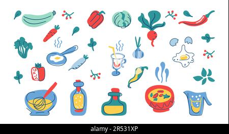 Design elements for kitchen utensils, drinks and products. Cooking flat hand drawn illustration. Color clipart of ingredients for cooking. Sketch of kitchen utensils. Isolated scandinavian cartoon items Stock Vector
