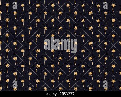 Seamless pattern with golden palm trees in art deco style. Tropical palm trees on a black background with a dotted grid. Design for printing, banners Stock Vector