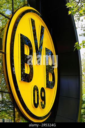 BVB club crest at the BVB FanWorld of Borussia Dortmund, Dortmund, Ruhr area, North Rhine-Westphalia, Germany Stock Photo