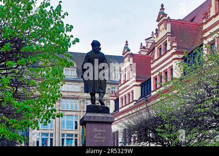 Bronze statue of Goethe by Carl Seffner on the Naschmarkt, Leipzig, Saxony, Germany Stock Photo