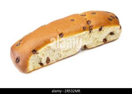 Single milk roll with chocolate chips isolated on white background. Brioche bun sweet dessert Stock Photo