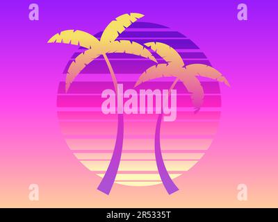 Two palm trees on a sunset 80s retro sci-fi style. Summer time. Futuristic sun retro wave with gradient color. Design for advertising brochures, banne Stock Vector