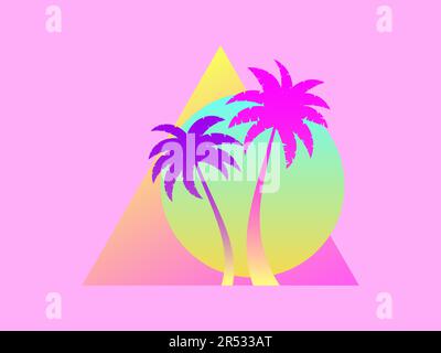 Futuristic gradient palm trees at sunrise with triangle on pink background. Summer time, palm trees in 80s synthwave style. Design of advertising book Stock Vector