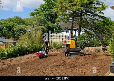 Gower Wales UK May 2023 Machinery preparing ground for replacement grass lawn. Mechanical digger and rotavator in use. Trees and bushes in background. Stock Photo