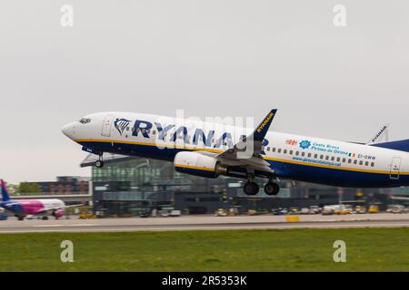 POLAND, GDANSK - 12 May 2019: A Ryanair plane taking off at Lech Wałęsa Airport in Gdansk. Stock Photo