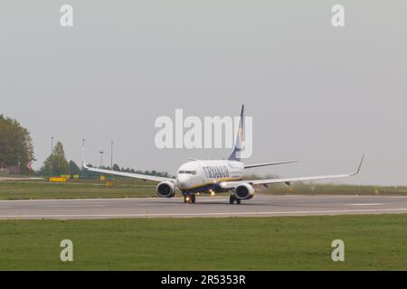 POLAND, GDANSK - 12 May 2019: A Ryanair plane taking off at Lech Wałęsa Airport in Gdansk. Stock Photo