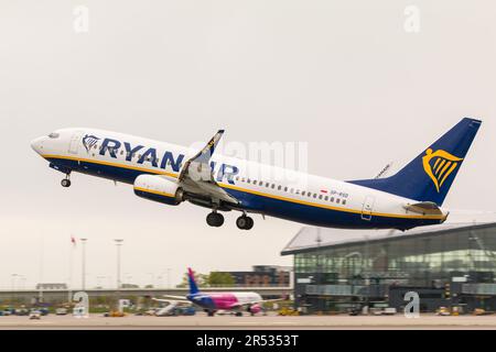 POLAND, GDANSK - 12 May 2019: A Ryanair plane taking off at Lech Wałęsa Airport in Gdansk. Stock Photo