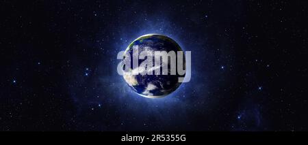 Panoramic view of the Earth, nebula and galaxy. Planet Earth, view on Pacific ocean, Oceania and Australia from space. Elements furnished by NASA. Stock Photo