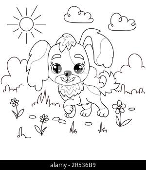 Cute puppy in the yard. Black and white contour drawing. Farm theme. For children's design of coloring books, prints, posters, stickers, postcards and Stock Vector