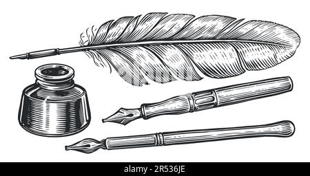 Feather with ink. Inkwell and quill dip pen in vintage engraving