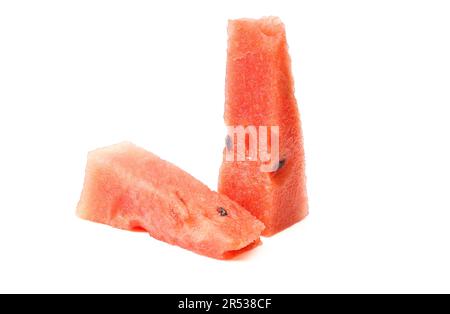 Two triangle shaped watermelon pieces with seeds isolated on white background Stock Photo