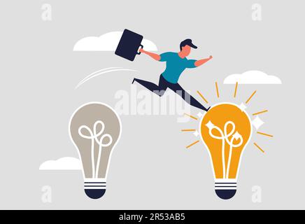 Transformation idea in business. A man jumps from bad idea to good idea. Business innovation and adoption. A businessman jumps on a shiny light bulb. Stock Vector