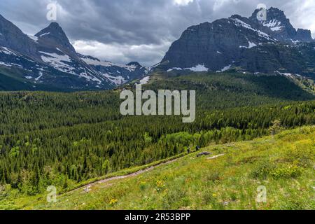 Spring Trail - A wide-angle Spring view of Iceberg Ptarmigan Trail winding along Swiftcurrent Valley, Many Glacier, Glacier National Park, Montana, US. Stock Photo