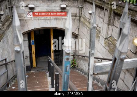The closed entrance to Bank Underground Station in the City of London, the capital's financial district, on 31st may 2023, in London, England. Stock Photo